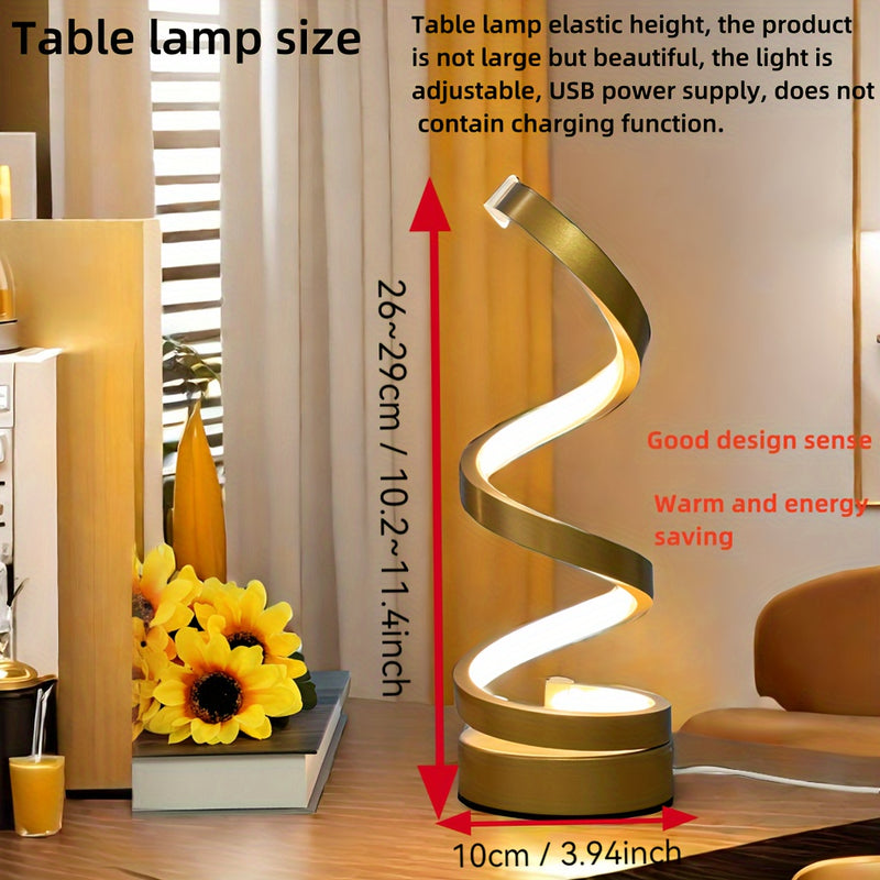 Lámpara de mesa LED espiral, luz de escritorio de metal con cuello de cisne regulable, control de botón de pulsar, alimentada por USB, iluminación ajustable, acabado pulido, para oficina, dormitorio, sala de estar - Idea de regalo