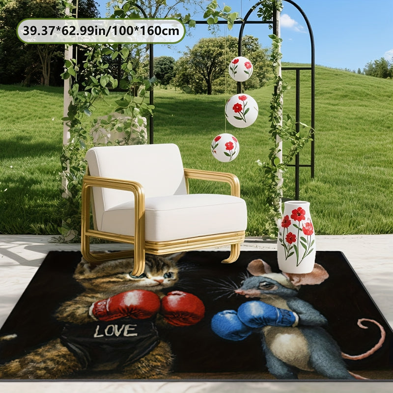 Este tapete de tesoro impreso en 2D plano presenta un diseño de gato y ratón, perfecto para uso al aire libre. Puede servir como tapete de entrada, tapete de acampada, tapete de patio, tapete de piscina o tapete de garaje. Es adecuado para balcones, pati
