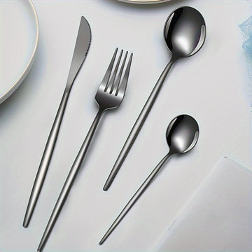 Juego de Cubiertos Elegantes de Acero Inoxidable Negro de 16 Piezas - Incluye Cuchillos para Bistec, Tenedores de Cena, Cucharas para Sopa y Postre - Diseño Elegante para Uso Doméstico y en Restaurantes