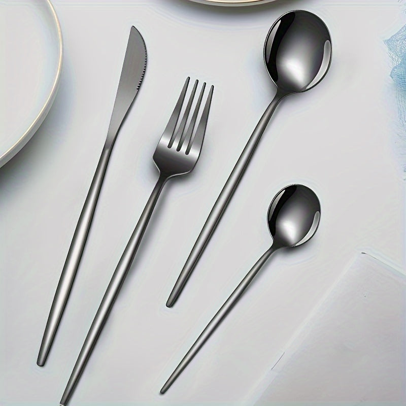 Juego de Cubiertos Elegantes de Acero Inoxidable Negro de 16 Piezas - Incluye Cuchillos para Bistec, Tenedores de Cena, Cucharas para Sopa y Postre - Diseño Elegante para Uso Doméstico y en Restaurantes