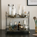 Estantería Organizadora de Baño Metálica de 3 Niveles para Cosméticos, Perfumes y Cuidado de la Piel - Estante de Almacenamiento Multicapa de Hierro Negro con Borde Floral Dorado Decorativo, Ideal para Tocador o Habitación Universitaria