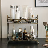 Estantería Organizadora de Baño Metálica de 3 Niveles para Cosméticos, Perfumes y Cuidado de la Piel - Estante de Almacenamiento Multicapa de Hierro Negro con Borde Floral Dorado Decorativo, Ideal para Tocador o Habitación Universitaria