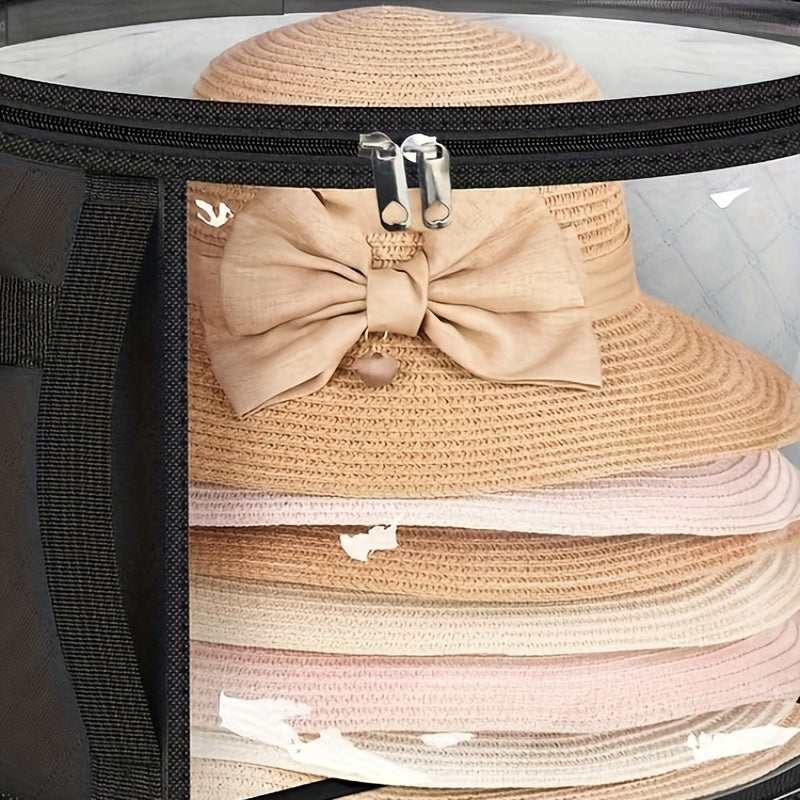 1pc Organizador de almacenamiento de sombreros de tela ClearView, contenedor de sombreros apilable redondo con ventana frontal grande, cesta de almacenamiento de ropa con cremallera portátil para sombreros de playa y ala ancha