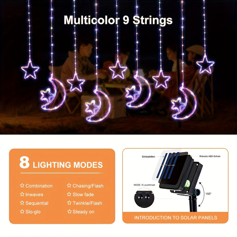 Luzes de cordão de estrelas e lua solares LED 120, com 8 modos de iluminação, adequadas para pátio, jardim, quarto, janelas, tenda, villa, decorações de férias, celebrações de aniversário de casamento, Natal, Dia dos Namorados, alta qualidade, luzes inte