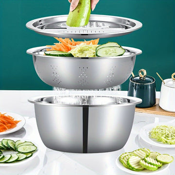 Juego de 3 tazones de acero inoxidable para cocina, tazones multifuncionales seguros para alimentos, con rallador integrado, inserto desmontable para rebanar en capas y sistema de escurrido, para lavar y cortar frutas, verduras y queso