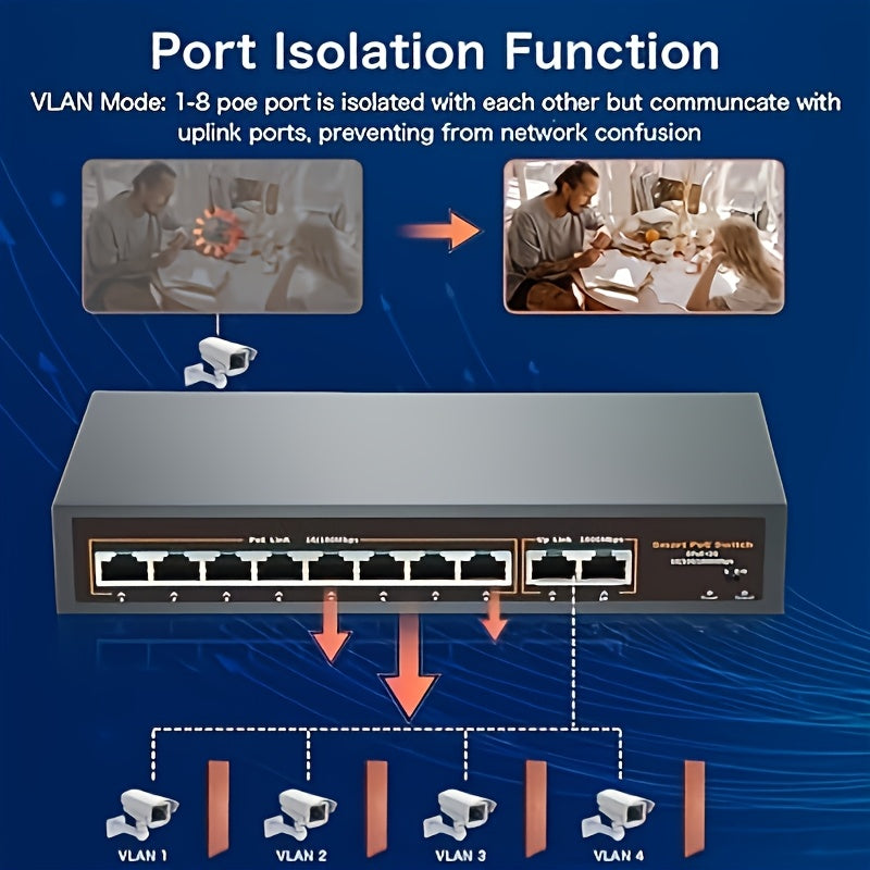 Conmutador PoE de 10 Puertos, con 8 Puertos POE+ y 2 Puertos de Enlace Hacia Arriba Gigabit, Cumple con IEEE802.3af/at, Potencia de hasta 120W, Distancia Extendida de 250 Metros, Diseño Metálico, Conmutador Ethernet No Administrado, Plug and Play