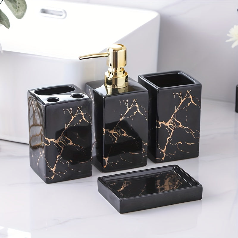 Juego de 4 piezas de accesorios para baño en blanco y negro con baño de oro: dispensador de jabón a presión, dispensador de gel de baño, contenedor de champú, portacepillos y jabonera