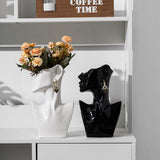 Jarrón Cerámico Nórdico de Forma Facial Bohemia - Soporte Decorativo para Flores con Rayas Geométricas para Sala de Estar, Adornos Primavera y Verano, Pieza de Arte en Cerámica de Alta Calidad, Jarrones para Decoración del Hogar