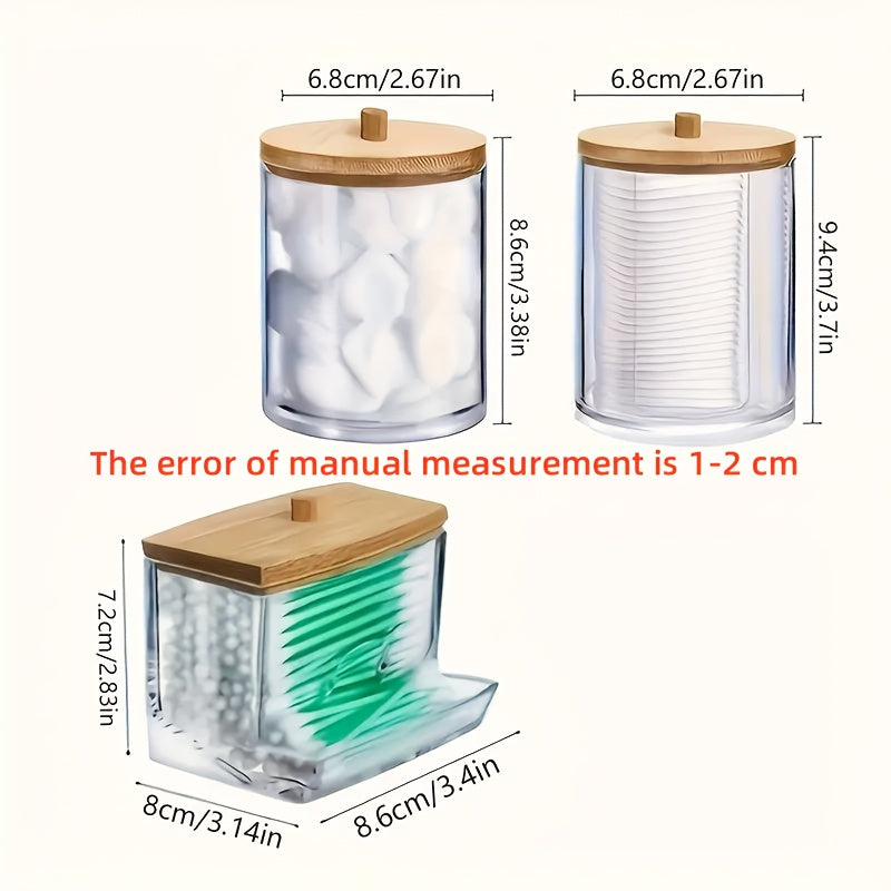 Juego de 3 cajas para hisopos de algodón con tapa de bambú, almacenamiento de bolitas de algodón acrílico transparente, discos desmaquillantes y palillos de hilo dental - Dispensador multifuncional para baño, esencial para organización del hogar, diseño