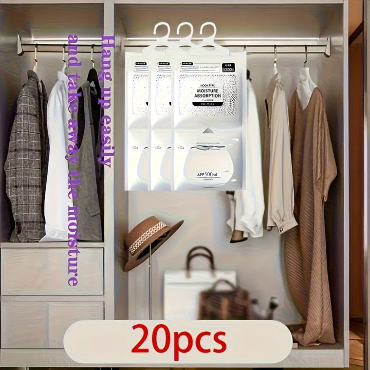 20 unidades Bolsas de Absorbedor de Humedad Colgantes, 56.43oz Desecante - Anti-humedad Armario, Dormitorio y Baño Deshumidificador, Kit de Hogar Eficiente con Gancho Colgante