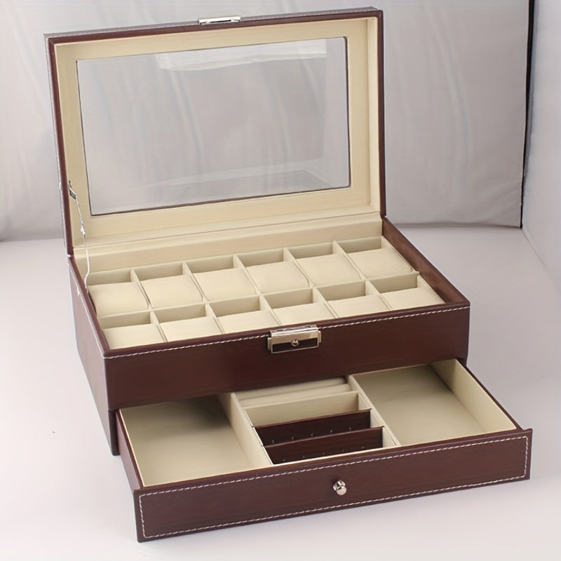 1 Pieza, Caja De Almacenamiento De Reloj Con Cerradura De Cuero PU De 12 Ranuras, Caja De Exhibición De Joyería Para Hombres Y Mujeres Con Cajón, Caja De Exhibición De Gafas De Reloj De 2 Capas Con Cubierta De Vidrio