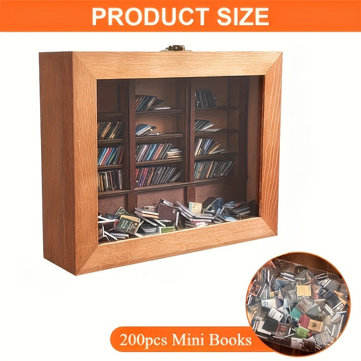 1pc Estantería Mini Hecha a Mano para la Ansiedad, Mueble de Exhibición de Madera Retro, con 200 Libros Pequeños, Decoración de Escritorio para Amantes de los Libros, Regalo de Navidad Perfecto, Diseño Independiente