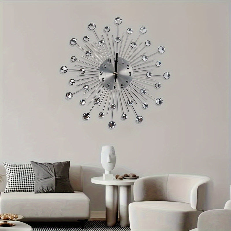 1 reloj de pared con diseño de noche estrellada - Reloj digital de metal silencioso con indicador de fase lunar, marco de metal redondo para decoración de sala de estar y comedor, funcionamiento con batería (AA no incluidas), decoración lunar