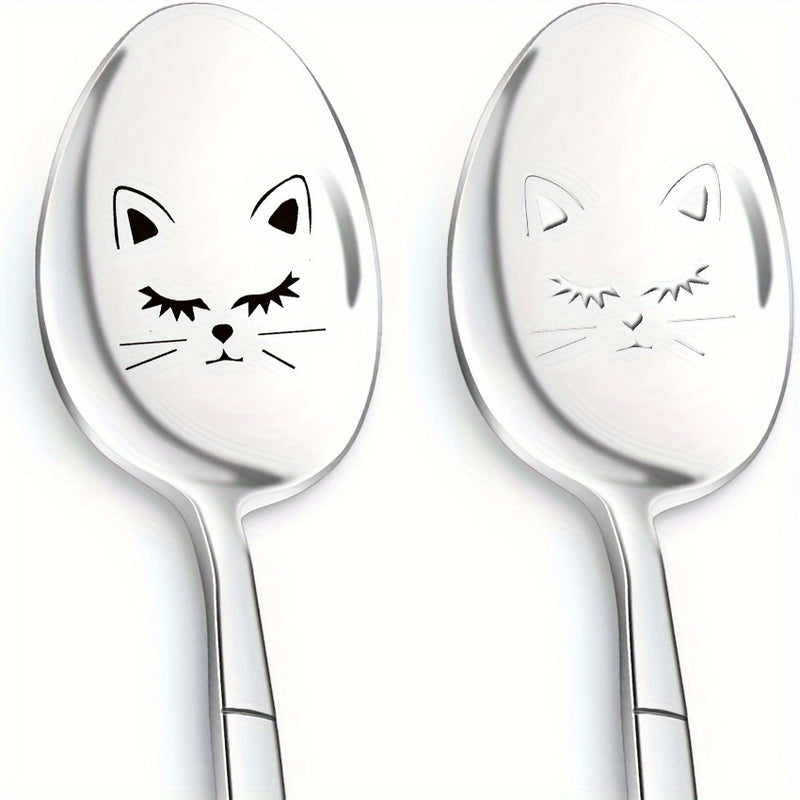 1/2pcs Cuchara De Acero Inoxidable Grabada Con Láser, Cuchara De Mango Largo, Cuchara De Gato Divertida, Linda Cuchara De Café Y Té, Regalo Para Hombres, Mujeres, Amigos, Él, Ella, Mejores Regalos De Cumpleaños Y Navidad, Artículos De Cocina, Cosas De Co
