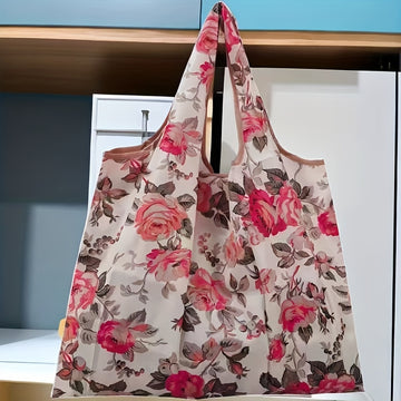 1 Bolsa de Compras Grande con Estampado Floral de Nailon - Duradera, Lavable, Plegable con Bordes Marrones, Bolso de Supermercado Reutilizable Adecuado para Compras de Alta Calidad