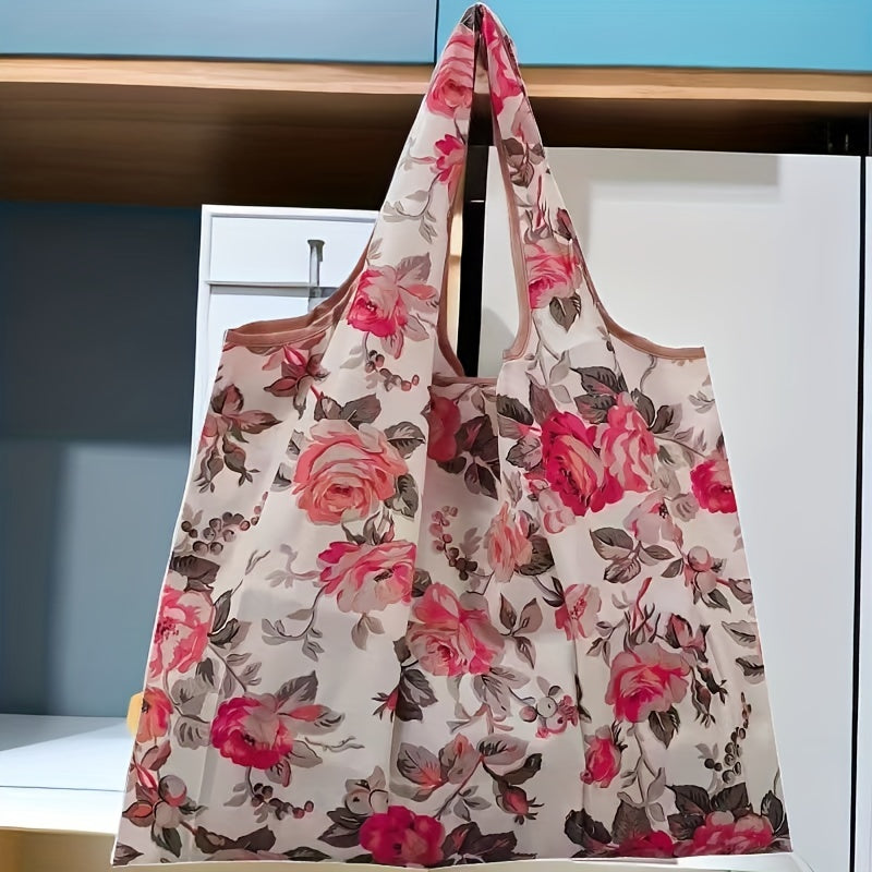 1 Bolsa de Compras Grande con Estampado Floral de Nailon - Duradera, Lavable, Plegable con Bordes Marrones, Bolso de Supermercado Reutilizable Adecuado para Compras de Alta Calidad