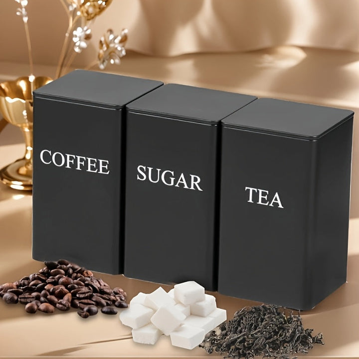 Jarrón de almacenamiento de hierro de tres piezas negro/beige, utilizado para almacenar tazas de té, azúcar y café en la cocina, adecuado para oficinas, almacenamiento en casa y comedor.