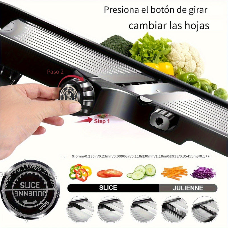 Picadora y Cortador de Verduras Manual TEMMYS con Cuchillas Ajustables de Acero Inoxidable - Rallador Multifuncional para Frutas, Papas, Tomates, Cebollas - Incluye Cepillo de Limpieza, , Esenciales de Cocina