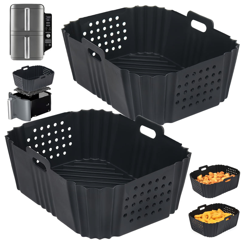 2pcs Revestimientos de Silicona para Freidora de Aire Ninja XL 9.5L & Modelos Dual - Accesorios Reutilizables para Canasta Antiadherentes Compatibles con AF400UK, AF451UK, Tower T17088 - Negro