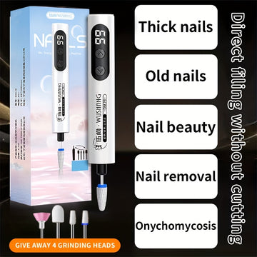 Afilador de uñas profesional para uñas gruesas, uñas viejas, belleza de uñas, extracción de uñas, onicomicosis - Recargable por USB con 4 cabezales de afilado, pantalla digital, diseño blanco y azul, afilador de uñas para uñas gruesas, salud de las uñas,