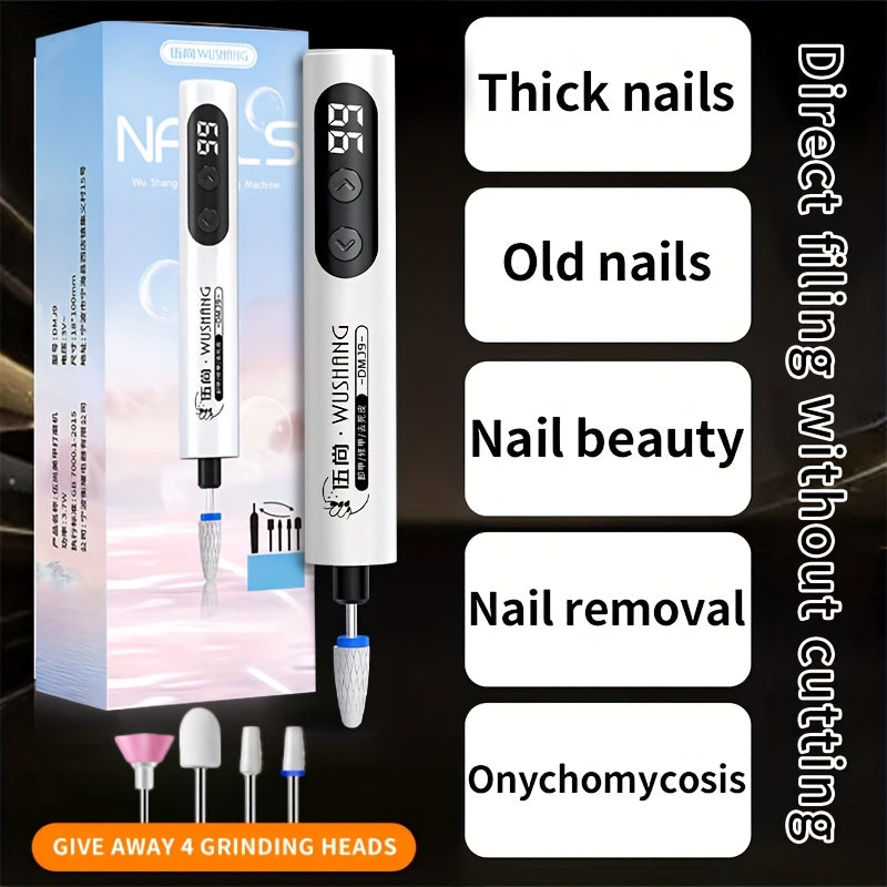Afilador de uñas profesional para uñas gruesas, uñas viejas, belleza de uñas, extracción de uñas, onicomicosis - Recargable por USB con 4 cabezales de afilado, pantalla digital, diseño blanco y azul, afilador de uñas para uñas gruesas, salud de las uñas,