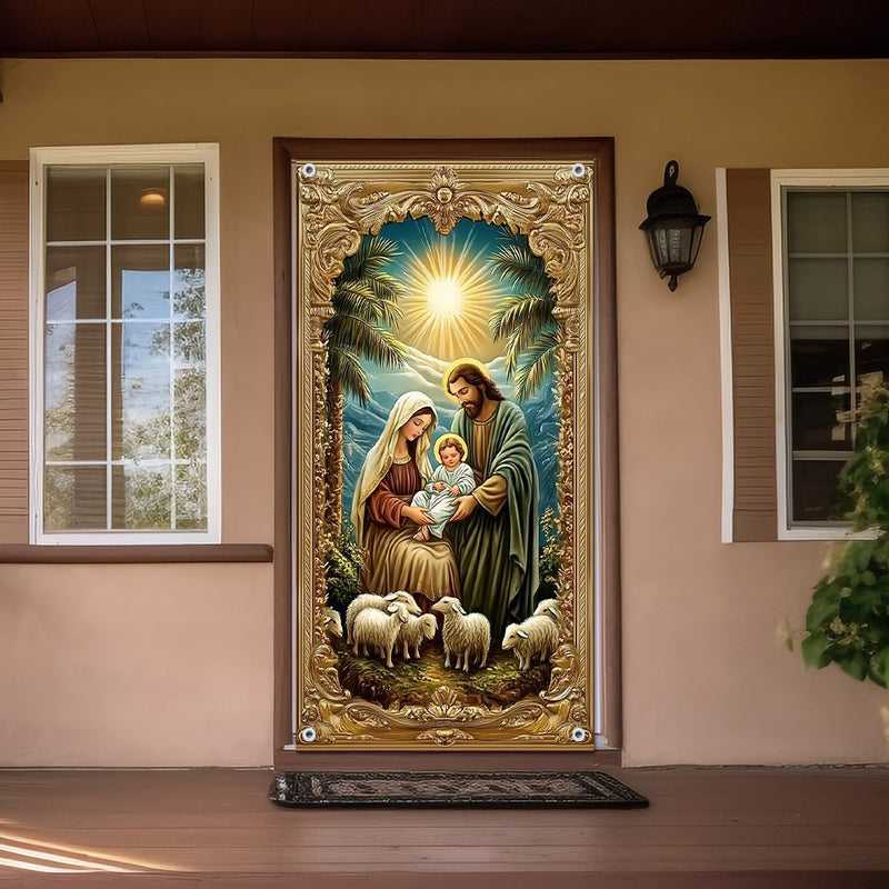 Banner de Puerta 2D, Bandera de Puerta 2D, 90x180cm/35.4x70.9pulgadas, Material de Poliéster - Banner de Puerta con Escena del Nacimiento, Decoración Estacional Adecuada para Reuniones en Casa y Decoración de Dormitorio, Apto para Diversas Ocasiones, No