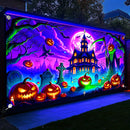 1pc Banderín UV que Brilla en la Oscuridad para Halloween - Diseño de Casa Encantada con Calabazas, Murciélagos y Lápidas, Decoración Grande de Tela Poliéster para Puertas de Garaje o Interiores/Exteriores, Sin Necesidad de Energía, Adornos Festivos, Amb