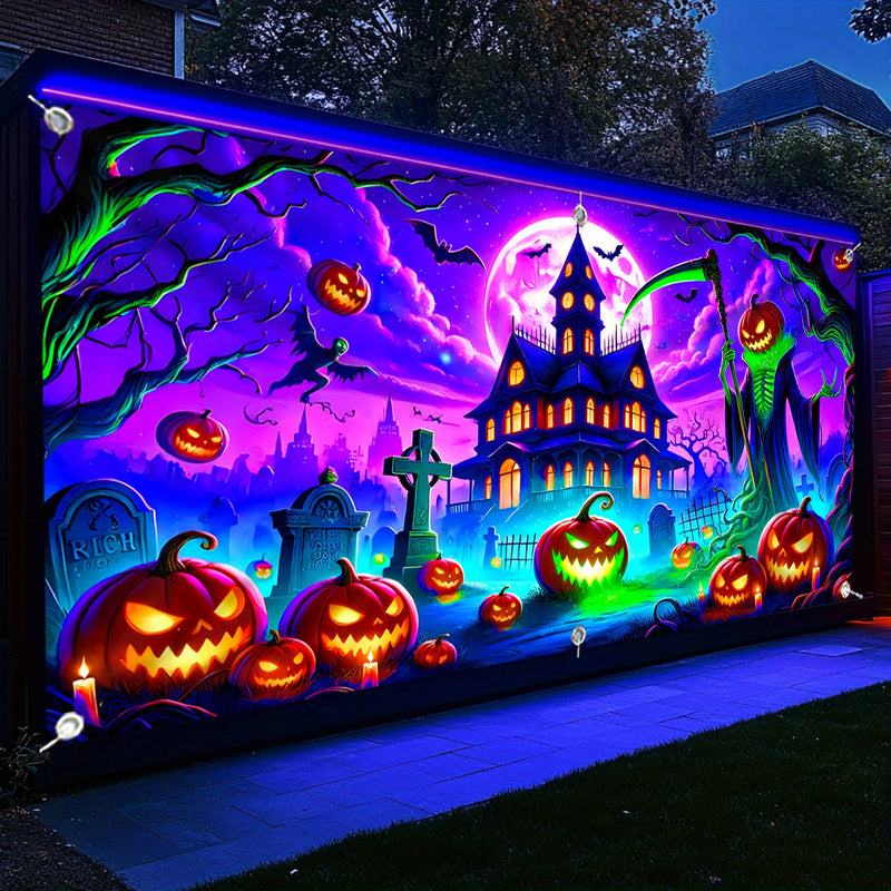 1pc Banderín UV que Brilla en la Oscuridad para Halloween - Diseño de Casa Encantada con Calabazas, Murciélagos y Lápidas, Decoración Grande de Tela Poliéster para Puertas de Garaje o Interiores/Exteriores, Sin Necesidad de Energía, Adornos Festivos, Amb