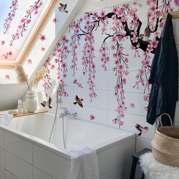 Un conjunto de 4 pegatinas creativas de árbol de flor de durazno rosa para el salón, dormitorio y decoración de pared del baño MS7194-YC