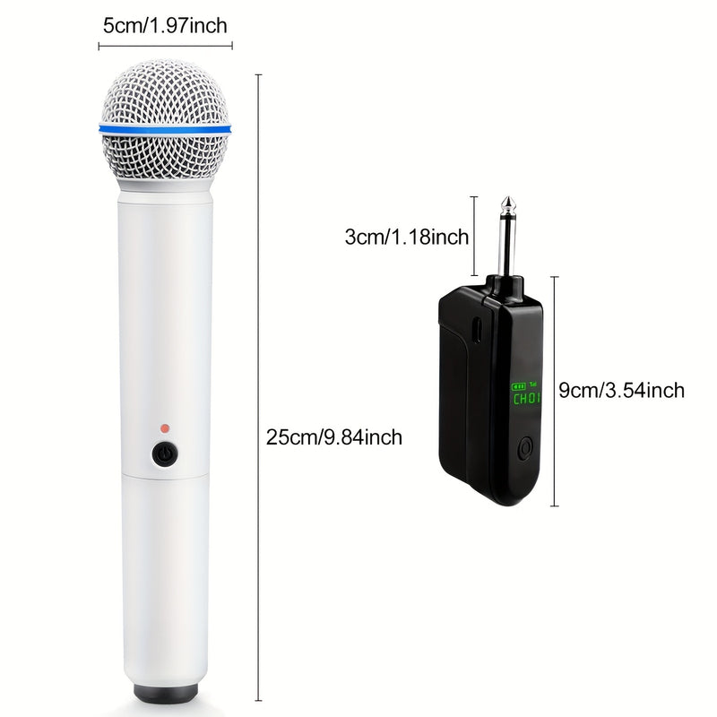 Micrófono blanco de Navidad Heikuding - Diseño blanco puro/pintado, inalámbrico 2.4GHz, USB y batería de litio recargable, clip y soporte, conector de 6,35 mm, compacto para decoración navideña y de vacaciones, decoración navideña, ideal para Navidad.