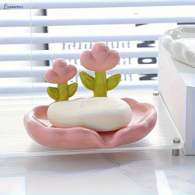 Porta Jabón Ovalado de Plástico con Diseño Floral, Autoescorregable, Apto para las Cuatro Estaciones, Accesorio Encantador para Baño y Cocina Familiar