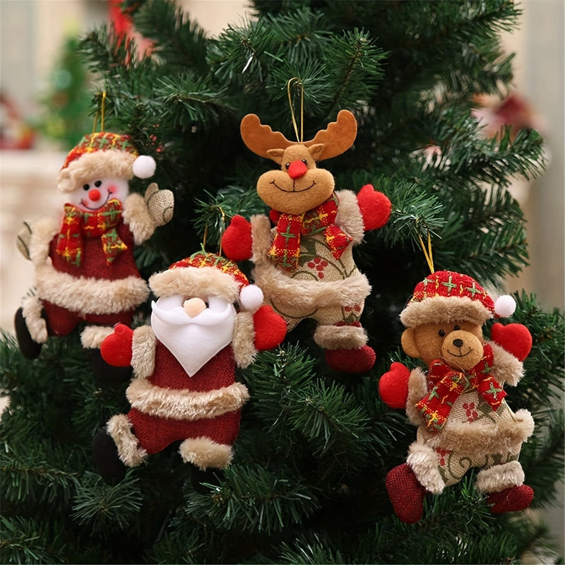 Juego de Decoración para Árbol de Navidad, 4 Muñecos de Peluche y Cuadros para Decorar con Motivos de Santa/Nieve/Muerto/Oso