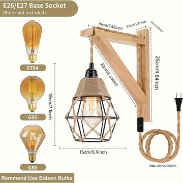 Lámpara de pared rústica de madera con interruptor, base E26, 60W, montaje semiempotrado, bombilla no incluida, estilo de granja