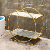 Organizador de Cosméticos Doble Capa de Acero Inoxidable - Estante Redondo Moderno de 27 Pulgadas para Cuidado de la Piel y Perfumes con Base de Mármol | Acabado Metálico Dorado, Regalo Perfecto para 10 Ocasiones Especiales