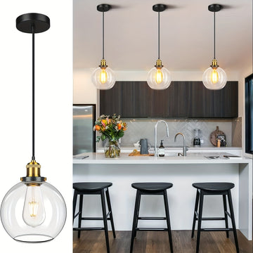 Linterna Colgante de Vidrio para Isla de Cocina, Lámparas Colgantes Doradas y Negras de Vidrio Transparente, Lámpara Colgante Globo para Isla de Cocina, Luz de Techo Moderna Estilo Granja con Pantalla de Vidrio Claro