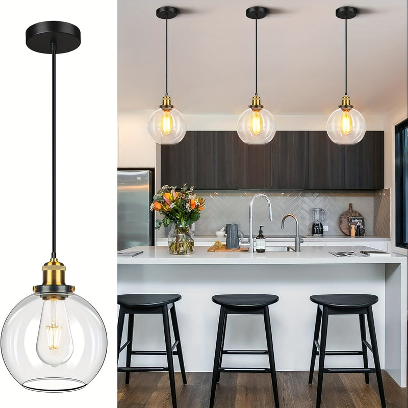 Linterna Colgante de Vidrio para Isla de Cocina, Lámparas Colgantes Doradas y Negras de Vidrio Transparente, Lámpara Colgante Globo para Isla de Cocina, Luz de Techo Moderna Estilo Granja con Pantalla de Vidrio Claro