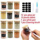 Juego de 12 Tarros Redondos para Especias de Vidrio de 6oz/9oz con Tapas de Bambú Selladas, Bolígrafo y Etiquetas, Cepillo de Limpieza para Organización de Alimentos en la Cocina - Bolsitas de Té, Granos de Café, Dulces, Galletas
