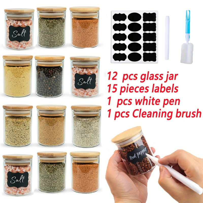 Juego de 12 Tarros Redondos para Especias de Vidrio de 6oz/9oz con Tapas de Bambú Selladas, Bolígrafo y Etiquetas, Cepillo de Limpieza para Organización de Alimentos en la Cocina - Bolsitas de Té, Granos de Café, Dulces, Galletas