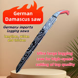 Sierra de Mano Alemana Extra Grande. Fabricada en acero SK5 con patrón Damasco, fácil de usar y eficiente para jardinería al aire libre