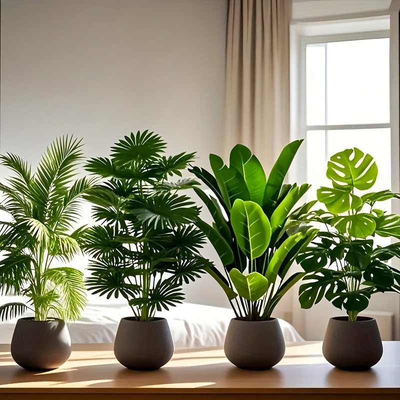 Juego de 4 piezas, incluye combinación de plantas artificiales de hojas grandes. Ideal para exteriores—árbol decorativo tropical de hoja ancha, macetas para interior y exterior todo el año, bodas, hoteles, jardines, patios estilo nórdico, árboles falsos