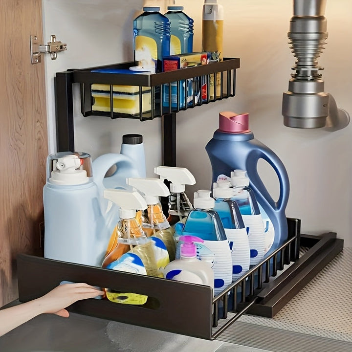 1pc Estante Extraíble de Doble Capa para Debajo del Fregadero, Estantería Multifuncional de Acero al Carbono para Cocina y Baño, Adecuado para Organizar Esenciales y Productos de Limpieza - /Blanco/Gris