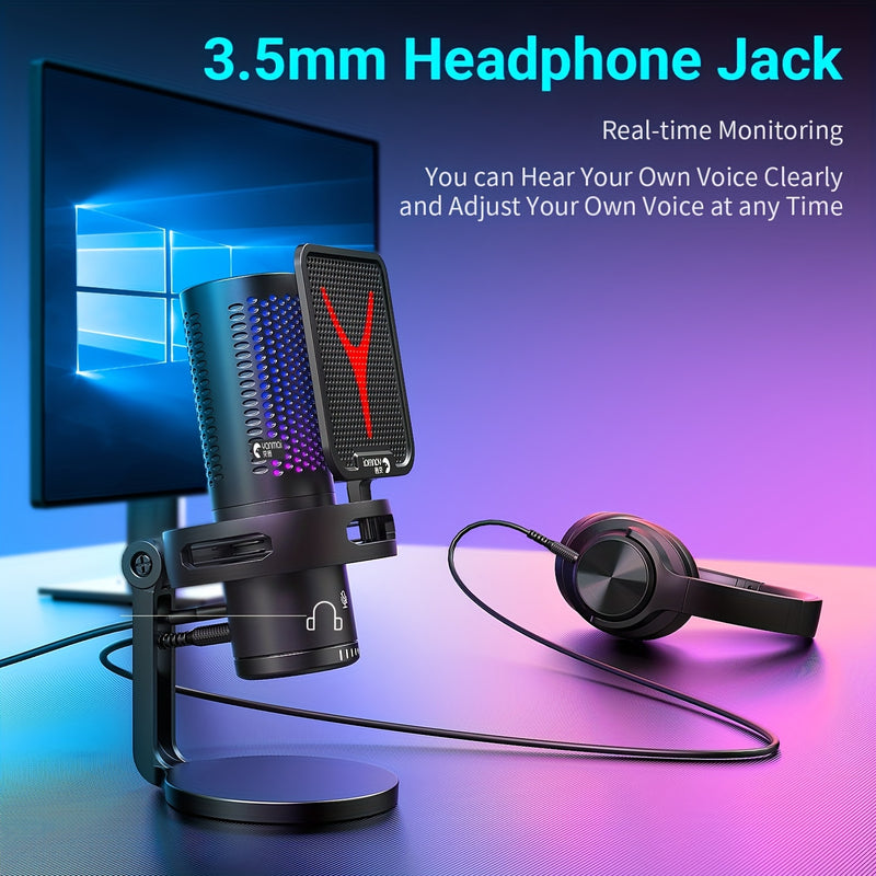 Microfono de Juego RIKSOIN RGB USB-C con Cancelación de Ruido, Silencio Rápido, Trípode Ajustable y Diseño Antigolpes, Control de Volumen Plug-and-Play, Iluminación RGB en Tiempo Real - Compatible con PS4/PS5/PC para Streaming, Videoconferencias (), Grab