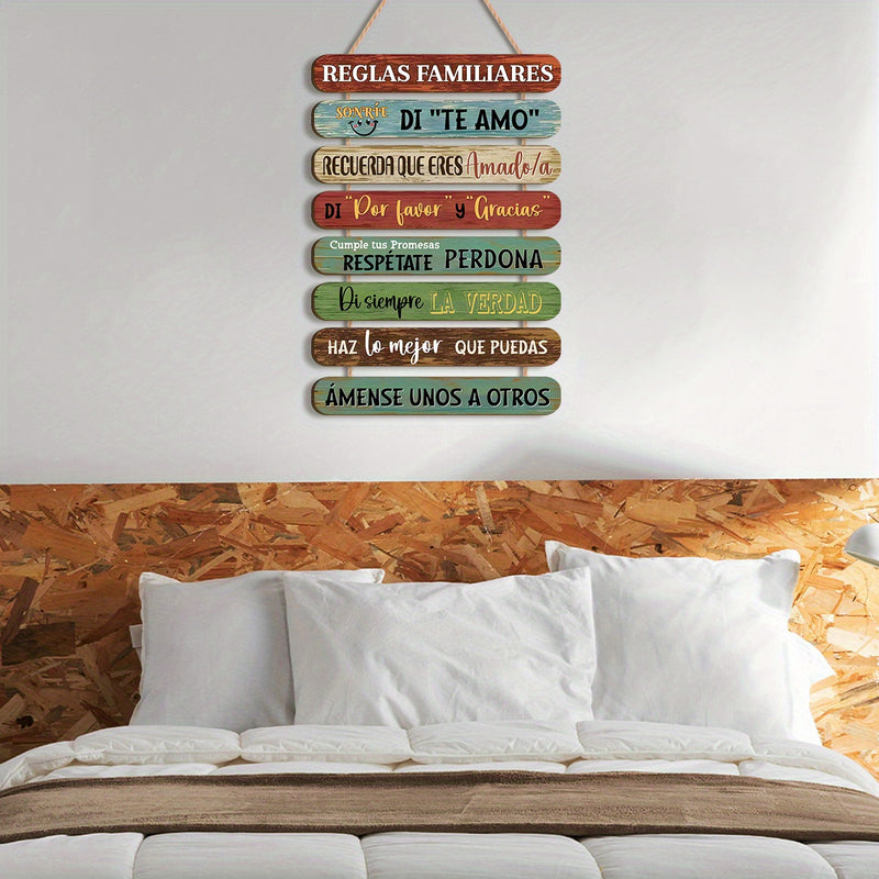 1 pieza de arte de pared de madera moderna con cita de reglas familiares - Señal inspiradora española de colores, adecuada para decoración del hogar y la oficina, fácil de colgar, pintura colgante con cuerda, decoración del hogar.