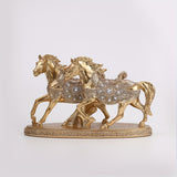 Estatuilla de Doble Caballo Dorado TY - Escultura de Resina Estilo Europeo con Cristales, Decoración para Interiores/Exteriores en Sala de Estar u Oficina, Arte Mural de Caballos sin Necesidad de Electricidad, Base Resistente