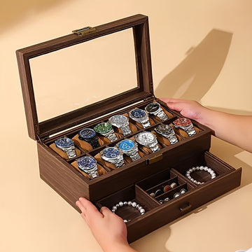 Organizador de relojes y joyas de lujo de 12 ranuras con tapa de vidrio - Almacenamiento de doble capa para relojes, anillos, gafas de moda - Ideal para hombres, mujeres, parejas - Regalo perfecto para bodas, cumpleaños, Pascua, Día del Padre - Resistent
