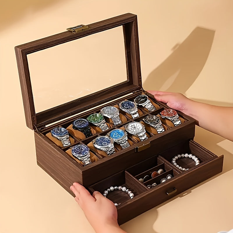 Organizador de relojes y joyas de lujo de 12 ranuras con tapa de vidrio - Almacenamiento de doble capa para relojes, anillos, gafas de moda - Ideal para hombres, mujeres, parejas - Regalo perfecto para bodas, cumpleaños, Pascua, Día del Padre - Resistent