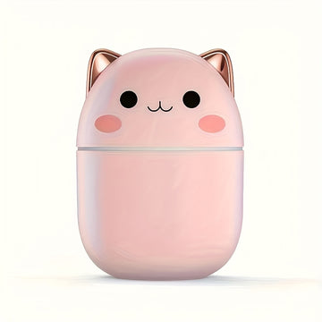 Humidificador Portátil USB de 8.45oz con Diseño de Gato Lindo & Difusor de Aceites Esenciales - Doble Niebla, Aroma y Control de Humedad para Coche, Oficina o Hogar, Rosa con Detalles Blancos, Facciónación de Alta Potencia, Material ABS, Humidificador de
