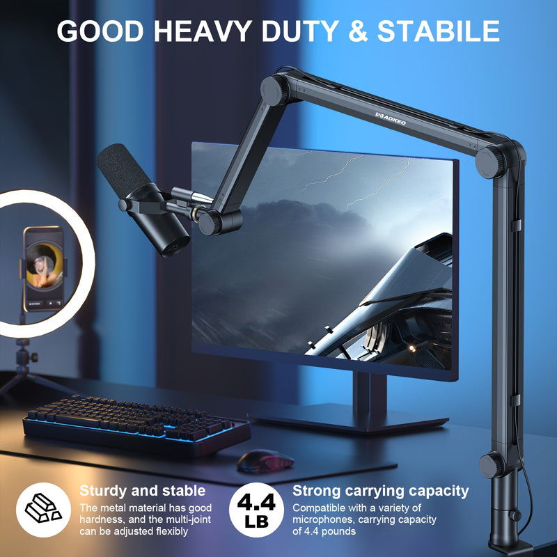 Brazo de suspensión para micrófono AOKEO AK-49 avanzado con gestión de cables de audio, brazo ajustable en 3 niveles para micrófonos Yeti, Snowball, iCE, HyperX, QuadCast, SoloCast, Elgato Wave - Montaje de escritorio en aleación resistente, ocultación d