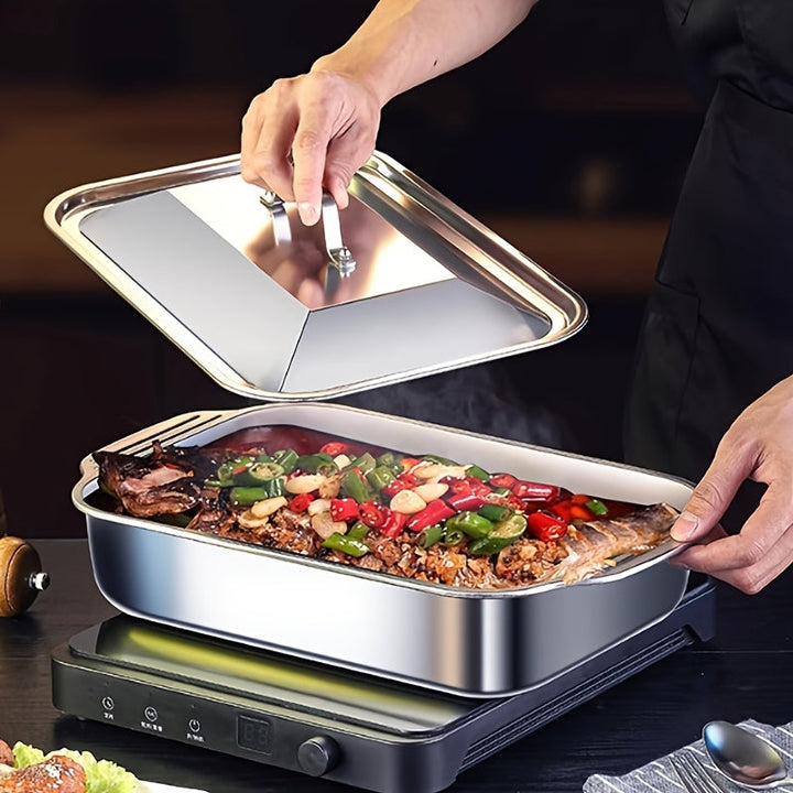 Juego de bandejas de asado de acero inoxidable con tapas, bandeja de asado rectangular de alta resistencia antiadherente, bandeja de horno multiusos para postres, pan, bandeja de asado de doble asa, bandeja de mariscos - Ideal para asados, bufés y fiesta