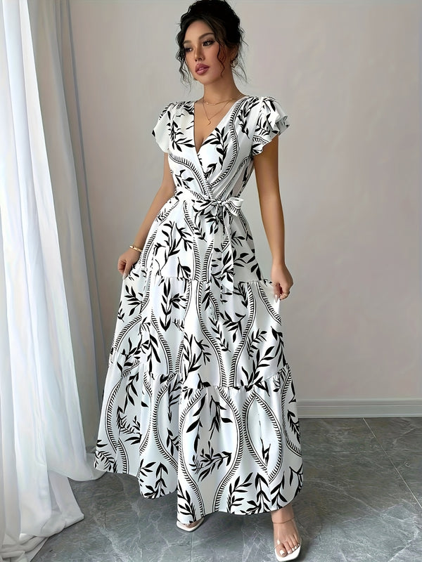 Elegante vestido de verano con estampado floral y cuello en V, con cinturón, de poliéster ligero, mangas cortas, falda de línea A y estilo suelto para mujeres, ideal para vacaciones o salidas informales, ropa para salidas informales | Vestido con estampa